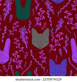 Hare, fox and grass, Scandinavian, rustic motif. Vector seamless pattern