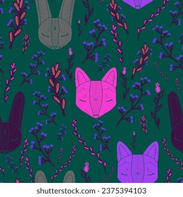 Hare, fox and grass, Scandinavian, rustic motif. Vector seamless pattern	
