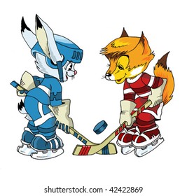 Hare and fox play hockey (vector and illustration)
