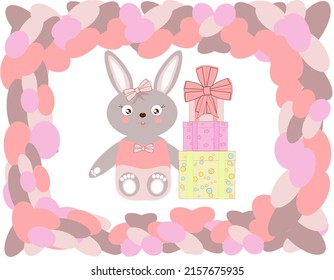 Hare mit Geschenken, Vektorgrafik. Cartoon Kaninchen in rosafarbener Kleidung. Festliche Kinderkarte in sanften Farben. Geschenke in Kisten.