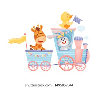 Hare, a ginger and a duckling ride on a train. Vector illustration on a white background.