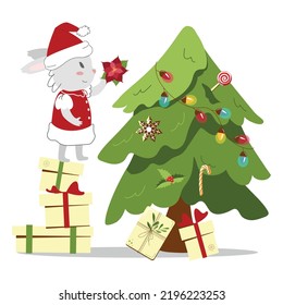 A hare girl decorates a Christmas tree with a red flower. New Year's Eve meeting. Vector illustration on a white background