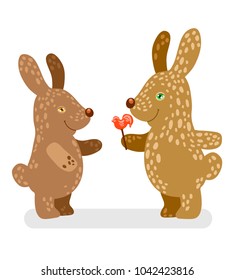 The hare gives to a hare candy. The image is isolated. Vector.