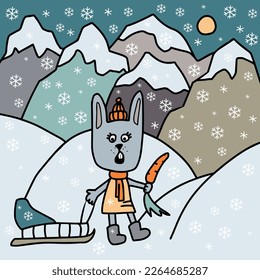 The hare goes sledding in the mountains