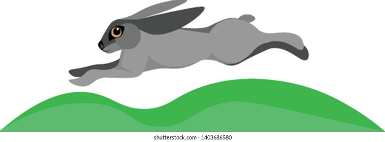 A hare in gradient grey running above the green grasslands set isolated on white background viewed from the side, vector, color drawing or illustration.