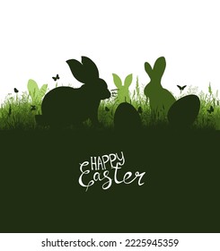 Hare in the grass handmade. Happy easter. Vector illustrations.