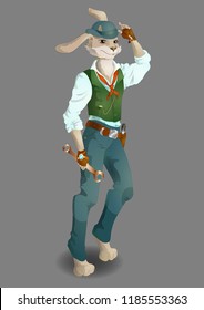 Hare in the hat a bowler hat with a wrench in hands and in jeans