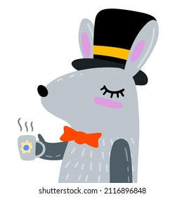 Hare in hat with cup of tea. Funny Children character Bunny for print.