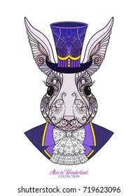Hare in the hat from the fairy tale "Alice in Wonderland" with decorative pattern. 