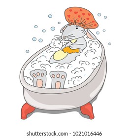 Hare in hat takes a bubble bath. vector drawing