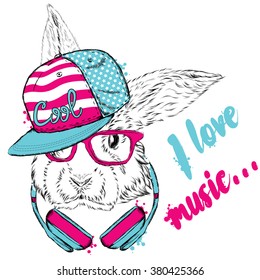 Hare headphones. Vector rabbit. Hipster.