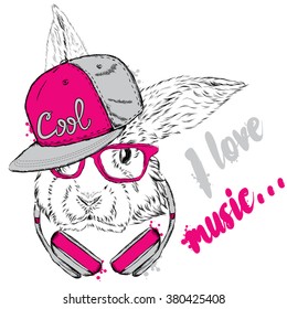 Hare headphones. Vector rabbit. Hipster.