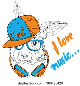 Hare headphones. Vector rabbit. Hipster.