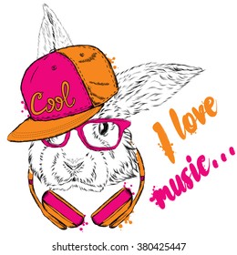Hare headphones. Vector rabbit. Hipster.
