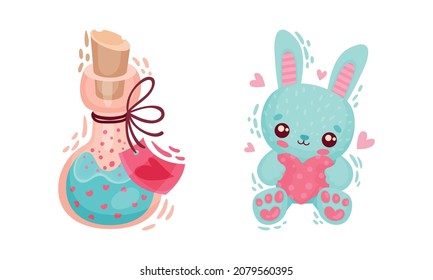 Hare with Heart and Glass Jar with Elixir as Saint Valentine Day Symbol Vector Set