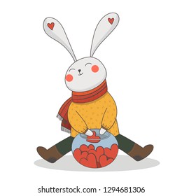 Hare with hearts for Valentine`s day. Holiday card. Vector illustration.