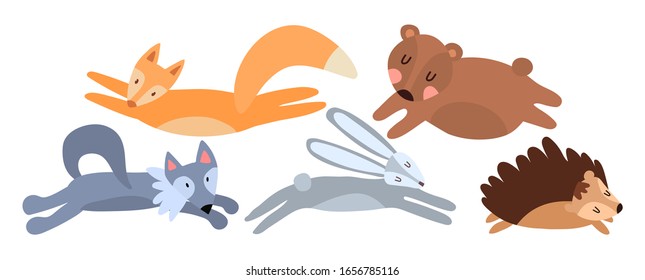 A hare, a hedgehog, a fox, a wolf and a bear bear run one after another. Cute forest animals in clip art horizontal format. Vector illustration for printing on children's textiles, t-shirt, toys, clot