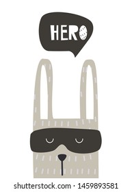 a hare hero. Vector illustration, depicting a cartoon character in the Scandinavian style, for printing on fabric, clothing, dishes, pictures, postcards. Cute baby background.