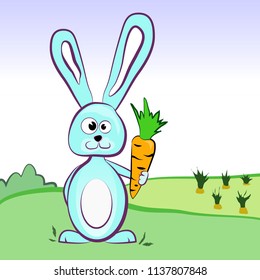 A hare holding a carrot in a green meadow.