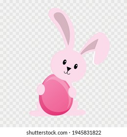 The hare is holding an egg in its paws. Hare on an isolated transparent background. Egg png, hare png. Happy Easter. Vector image.