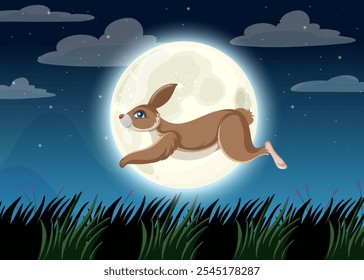 Uma lebre salta em frente a uma lua brilhante