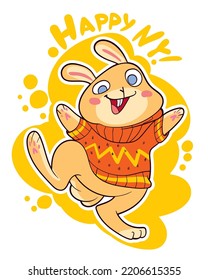 Hare jumps up joyfully. Year of the rabbit 2023. Colorful cartoon characters. Funny vector illustration. Comic style. Isolated on white background