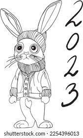 Hare in a knitted suit figures, 2023,for adults and children coloring