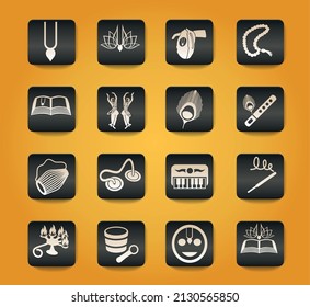 hare krishna symbols on black buttons on yellow background