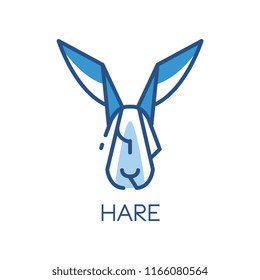 Hare logo design, blue label, badge or emblem with head of rabbit animal vector Illustration on a white background