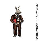 A hare man in a suit with a glass of beer. Rabbit or bunny. Fashion animal character. Hand drawn woodcut outline sketch. Vector engraved illustration for logo and tattoo or T-shirts. 