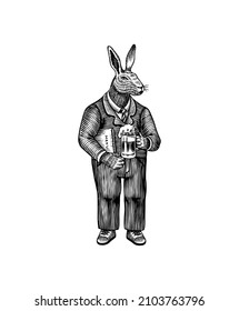 A hare man in a suit with a glass of beer. Rabbit or bunny. Fashion animal character. Hand drawn woodcut outline sketch. Vector engraved illustration for logo and tattoo or T-shirts. 