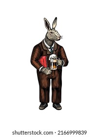 A hare man in a suit with a glass of beer. Rabbit or bunny. Fashion animal character. Hand drawn woodcut outline sketch. Vector engraved illustration for logo and tattoo or T-shirts. 