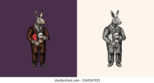 A hare man in a suit with a glass of beer. Rabbit or bunny. Fashion animal character. Hand drawn woodcut outline sketch. Vector engraved illustration for logo and tattoo or T-shirts. 