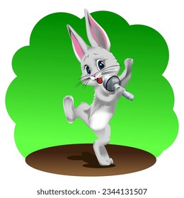Hare with microphone in cartoon style. Cheerful rabbit. A beautiful drawing of the Hare for children. The hare sings. Vector illustration.