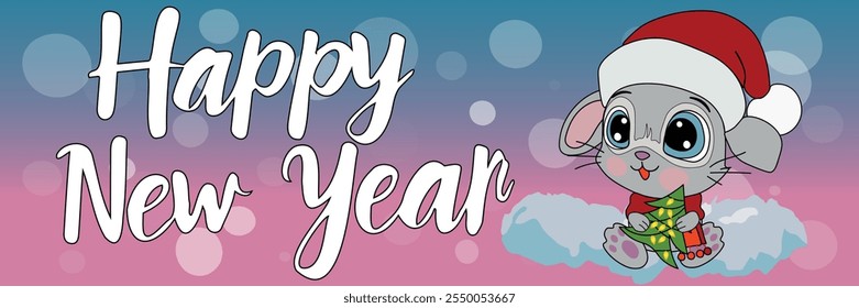 A hare in a New Year's cap holds a Christmas tree. Inscription Happy New Year. New Year vector illustration.