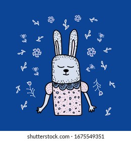 liebre sobre un fondo azul rodeado de flores