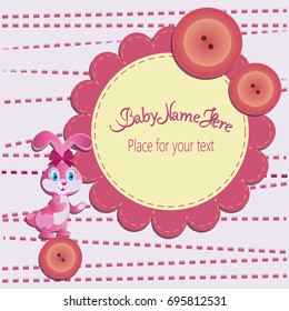 Hare on the button and flower.  Baby shower card. Template invitations , greetings with cute toys, place for your text. Design gift box, with letters and children's illustrations.