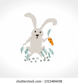 Hare on a carrot bed. Hand draw doodle vector illustration.