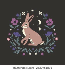 Hare on a dark background and in a floral frame. Vector graphics.