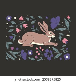 Liebre sobre un fondo oscuro y en un marco floral. Gráficos de Vector.
