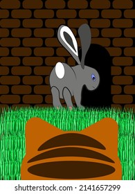 the hare on the grass runs away from the cat into the house