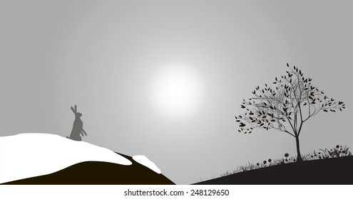 hare on the top of snowy hill look at the spring tree and grass on the hill, spring comes, warming, scene, shadows