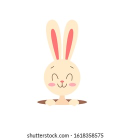 A hare on a white background peeps out of a hole. Easter bunny.
