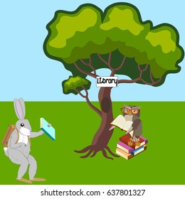Hare and owl in library