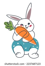 Hare personage drawing hugging carrot with leaves. Isolated cute rabbit character wearing clothes and smiling. Spring bunny with long ears and blush on face, toy or sticker. Vector in flat style