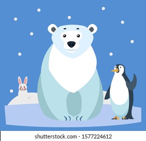 Hare and polar bear, penguin waving flippers. Animals of arctic regions. Bunny and bird sitting on ice floe. Snowfall and wildlife of north pole. Winter fauna and nature, vector in flat style