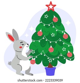 The hare preparing for Christmas. Cute rabbit decorates the Christmas tree. Flat vector illustration on white background.