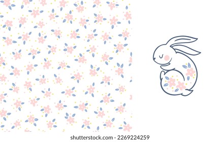 Hare print and seamless floral pattern. Spring composition. Hand drawn cartoon linocut of cute animals with small flowers. Ideal for textiles, fabric, baby clothes