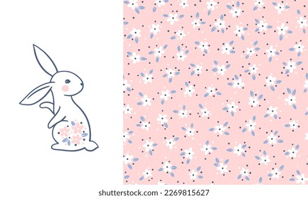 Hare print and seamless floral pattern. Spring composition. Hand drawn cartoon linocut of cute animals with small flowers. Ideal for textiles, fabric, baby clothes