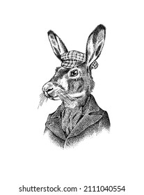 Hare or rabbit. Antique gentleman in a cap and coat. Victorian Ancient Retro Clothing. A man in a suit. Hand drawn old monochrome sketch. Vintage engraving style.